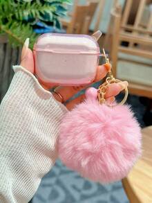 Glitter Earphone Case With Pink Furball & Bell, Suitable As Gift For Girlfriend - Pink - View 3