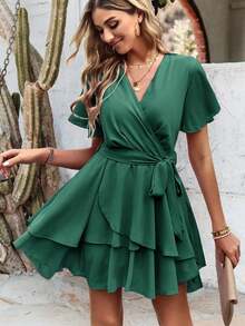 Vestido con cinturón de manga mariposa bajo a capas - amarillo ganso - Ver 9