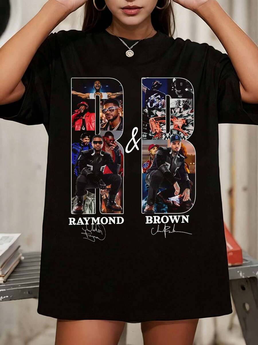 Usher & ChrisS BrownS R&B Legends Photo Collage Graphic Oversized Black T-Shirt - Black - View 1
