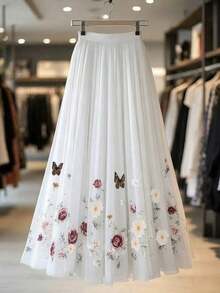 larga de tul color rosa suave con estampado vintage de rosas y mariposas - Cintura relajada, fluida y elegante falda de hada - Multicolor - Ver 6