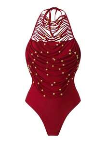 Chiccia Traje de baño de una pieza con cuello redondo, halter, unicolor, calado, decoración de cuentas metálicas y flecos, estilo festival bohemio - Champán - Ver 8