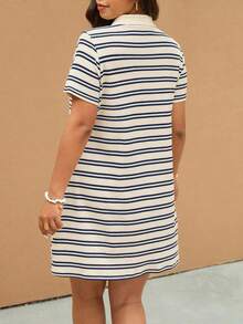 Elaquor Vestido de manga corta con cuello a rayas talla para mujer, nuevo vestido casual para mujer para picnic, vestido casual de negocios para mujer de talla - Albaricoque 3 - Ver 6
