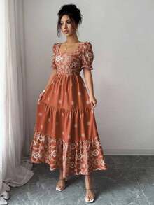 MEXElenzga Vestido casual/de trabajo de manga corta con cuello cuadrado y cintura ceñida en línea A con estampado para mujerMEX KDNZ - Marrón - Ver 6