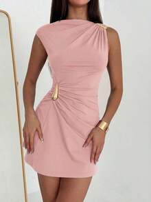 Women's Dress With Umbrella Sleeves And Ruffles With Metallic Decoration - Old Rose - View 6