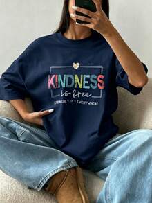 Women's Loose Casual Round Neck Inspirational Slogan Print T-Shirt, Daily Wear Summer - Navy Blue - View 4