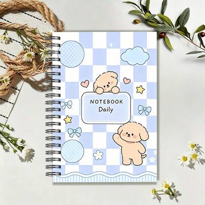 1 cuốn sổ A5, hình minh họa chú cún con dễ thương trên bìa kẻ caro xanh trắng, gáy xoắn, thích hợp cho năm học mới, ghi chú hàng ngày, ghi lại cuộc sống.