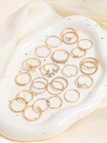 24 piezas Anillos de mariposa con diamantes de imitación en estilo INS, juego de anillos apilables de cadena ondulada de alta gama y versátil para mujeres - Dorado - Ver 2