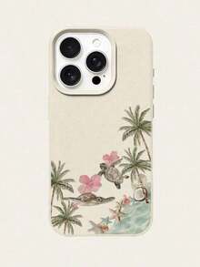 1 pieza Funda de teléfono de material TPU con patrón de collage de tortuga marina fresca y árbol de coco brócoli, compatible con iPhone 17 Pro Max/17/16 Pro Max/15/13/12/11, textura de cuero de lichi impresa, carcasa protectora de teléfono con cobertura completa, a prueba de golpes, funda protectora suave - Multicolor - Ver 4