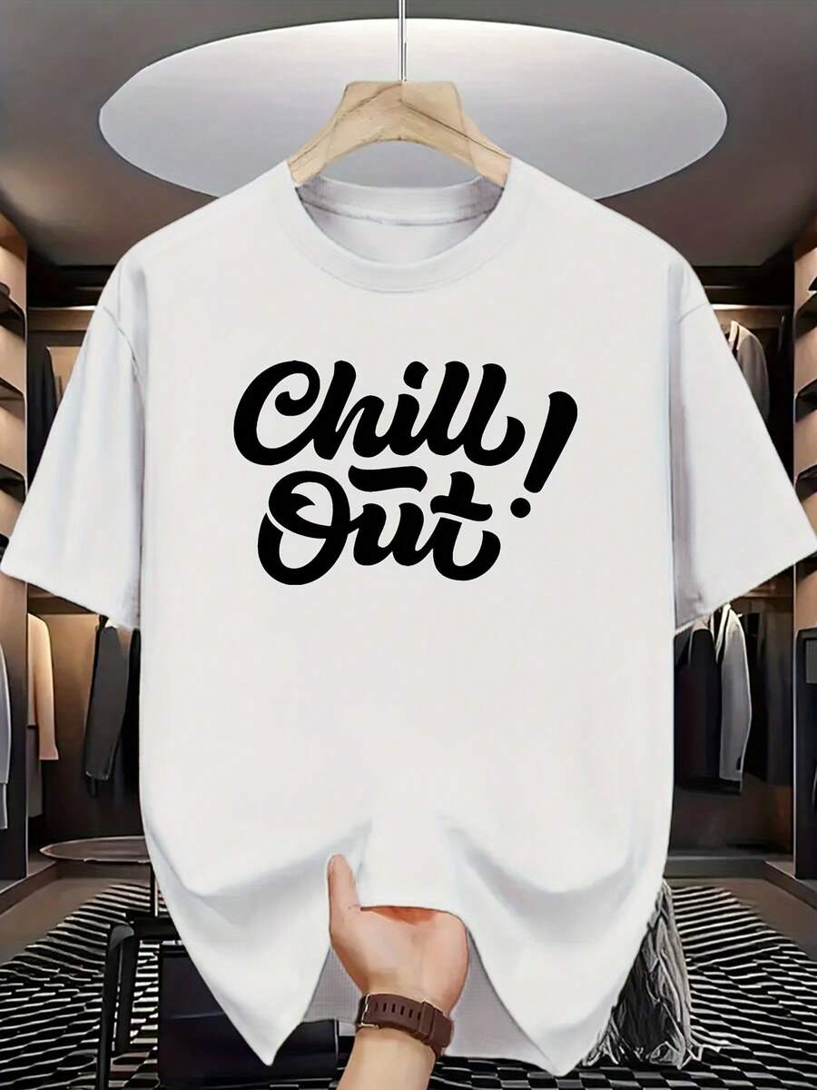 Herren-T-Shirt mit Rundhalsausschnitt und kurzen Ärmeln, Aufdruck "Chill Out!", 100 % Baumwolle, lässig, atmungsaktiv, waschbar, bequeme Passform, glattes Material, leichtes, minimalistisches Design, Streetwear, 1-teilig - Weiss - Übersicht 1