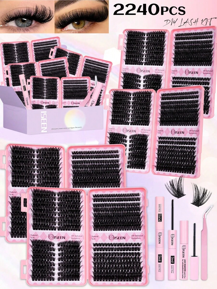 2 240 pièces, 560 pièces, Faux cils en amas, Coffret cadeau, Kit d'extension de cils DIY, Doux et confortable, Naturel DIY, Avec colle et scellant, Démaquillant, Pinces, Convient pour un maquillage de cils DIY rapide et pratique à la maison, Utilisation personnelle, Amas de cils - Noir - Voir 1