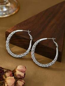 YUNCHUN 1 par de brincos de argola leves em prata trançada para mulher, argolas minimalistas grandes, joalharia de moda - Prata - Ver 2