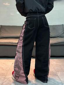 1pc American Street Style Colorblock Patchwork Women's Wide Leg Jeans, Loose All-Season Long Pants, Casual Pink - Pink - View 3
