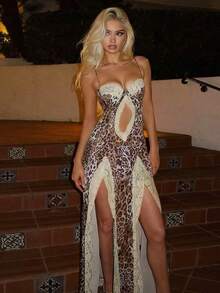 Vestido largo de fiesta sin tirantes y sin mangas con estampado de leopardo para mujer, con detalles de volantes asimétricos, vestido formal de corte A en tela tejida. - Marrón - Ver 2