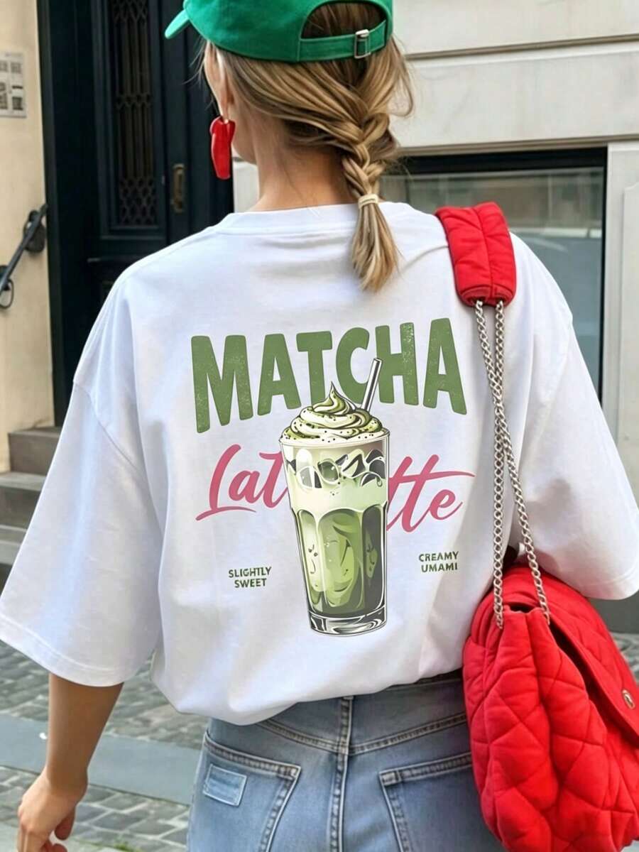 1 Piece Women's Short Sleeve Round Neck T-Shirt, Loose Fit For Summer, With Matcha Latte Theme Graphic Print, Suitable For Vacation, Office, Outings, Daily Wear, Dates, Parties, Meetings, Street, Festivals, Music Festivals, Valentine's Day, Casual Occasions - 白色 - 查看 1