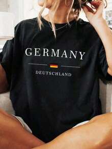 German Flag T-Shirt, T-Shirt With German Pride, Women's Tops, Women's T-Shirts Made From 100% Cotton, Casual Printed Crew Neck Short-Sleeved T-Shirt, 1-Piece Shirt - 黑色 - 查看 2