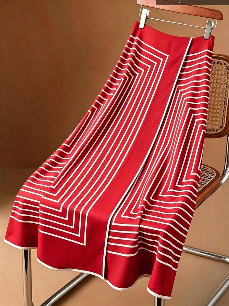 Falda A-line beige de estilo envolvente con estampado geométrico de rombos, elegante y casual para vacaciones - Rojo - Ver 1