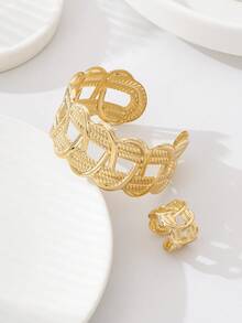 1 Set Fashion Exaggerated Creative Geometric Hollow Floral Adjustable Bangle + Ring Jewelry Set, Suitable For Versatile Daily Wear - Yellow Gold - View 3