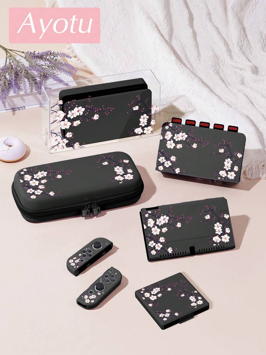 Ayotu 相容於 Switch/Switch OLED/Switch Lite 櫻花樹圖案遊戲主機外殼與配件，套裝包含保護殼、收納袋、底座外殼、手把保護套以及其他款式的配件可供選擇。