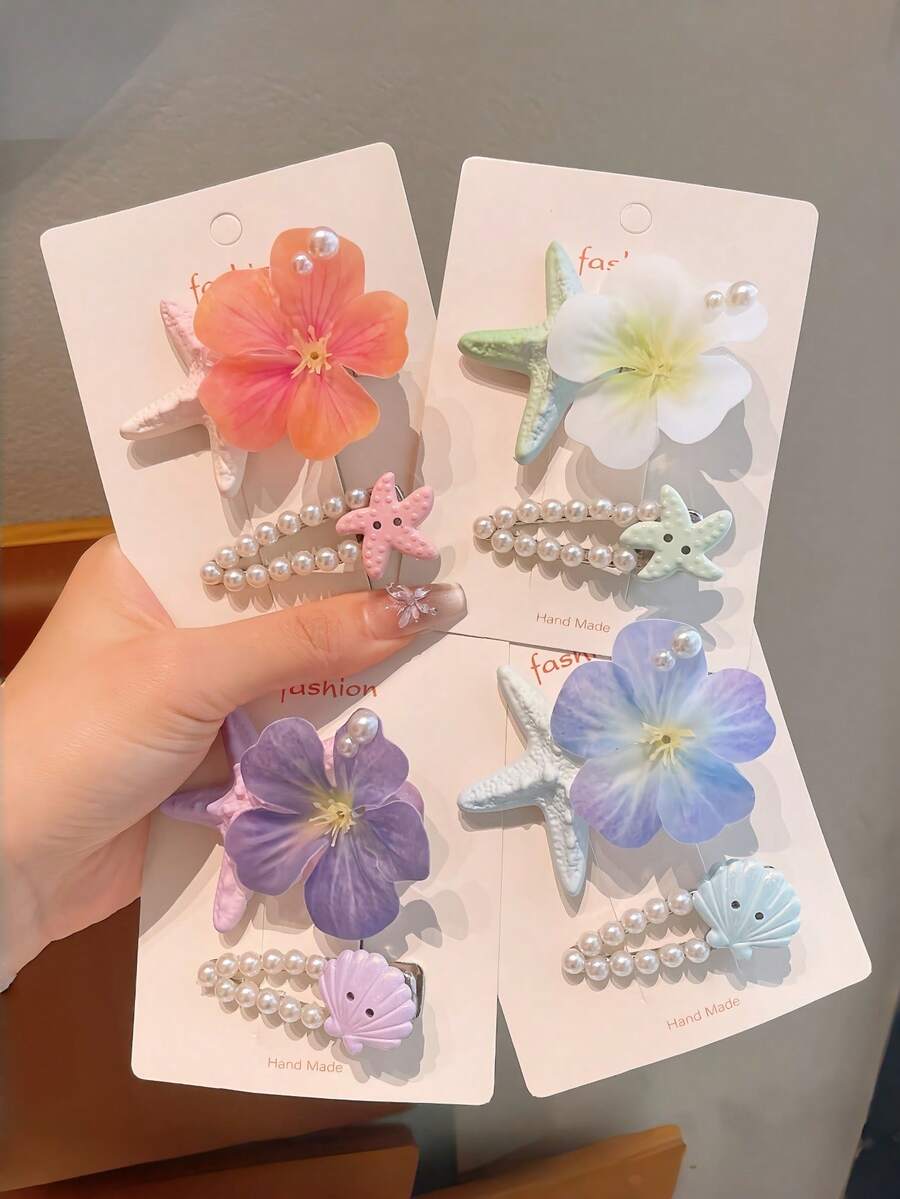 2件組花朵與海星仿珍珠髮夾套裝,海灘度假風女孩兒童髮飾,夏季髮飾 - 彩色 - 查看 1