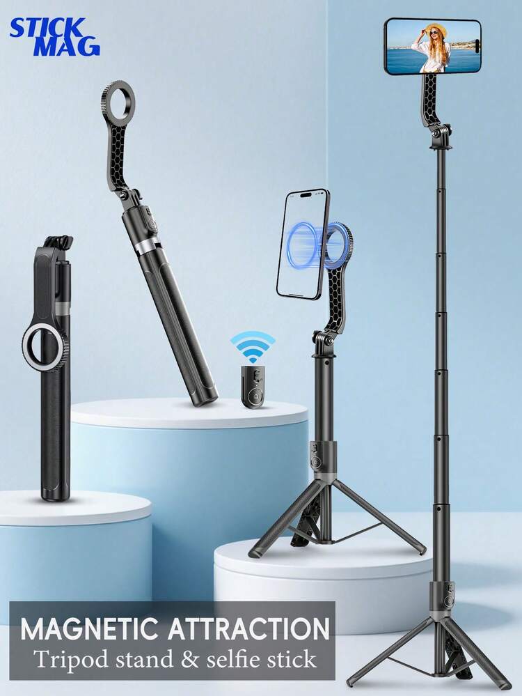 170cm Magnetic Tripod Selfie Stick, Extendable Tripod Selfie Stick, Reinforced Umbrella Stand, Includes 10m Wireless Remote Control, Suitable For All Smartphone Models, For Outdoor Live Streaming, Video Selfie And Portable Use, Indoor Desk Stand And Outdoor Ground Stand - A - View 1
