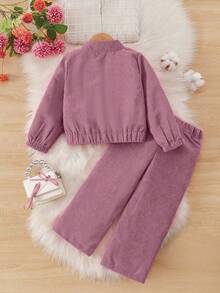 Set de 2 piezas de chaqueta y pantalones de pana suave y cómoda de unicolor para niñas, adecuado para uso al aire libre en otoño/invierno - Rosa - Ver 2
