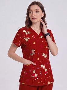 cimmuovere 2pcs Women Cartoon Pocket Top And Pants Scrubs Set, Nurse Uniform, Workwear For Dentist, Healthcare, Pet Hospital, Laboratory, XS To Plus Size Red - Red - View 5
