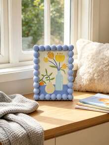 1pc Cute Beaded Photo Frame, Round Ball Edge Picture Frame, Plastic Tabletop Photo Holder, Pastel Color Aesthetic Desk Decor, Cat & Flower Print Art Frame, Boho Home Decor For Bedroom Living Room Office, Multi-Color Available - A - View 10