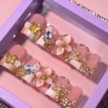 Handmade Reusable Press On Nails, Pink, Brown Gradient Base, 3D Flower Accents, Butterfly Details, Gem Embellishments, Glossy Finish, Elegant Charming Look Summer - Nhiều màu - Xem 11