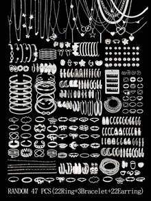 35/47/50/71/87pcs Set Fashionable Minimalist Elegant Bohemian Style Jewelry Set, Including Earrings, Necklaces, Rings, Bracelets With Heart, Twist, Butterfly, Geometric Elements, Wave Patterns, Versatile Daily Wear Accessories, Random Styles - Silver - View 11
