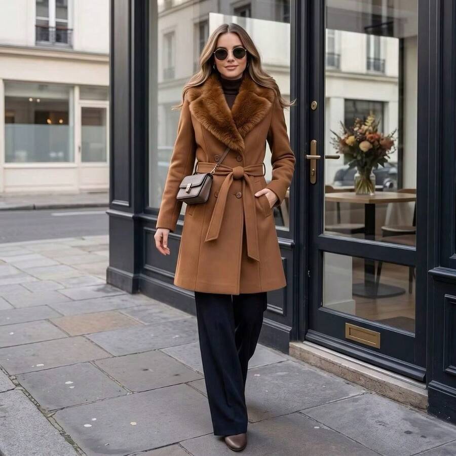 Women's Wool Coat With Fleece Lining | Premium Long Wool | Winter / Cold Weather | Wool-Type Fabric - Coffee Brown - View 1