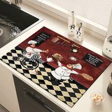 1pc Chef Pattern Printed Absorbent Dish Drying Mat, Espresso Machine Countertop Absorbent Mat, Sink Drain Mat, Soft Faucet Absorbent Mat, Sink Cup Mat, Kitchen & Bathroom Accessories - Multicolor - View 4
