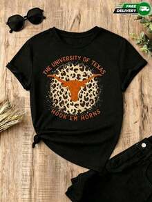 Camiseta para mujer de poliéster en color negro con estampado de toro de Texas y estampado de leopardo – casual y de uso diario, envío nacional en México - Negro - Ver 2