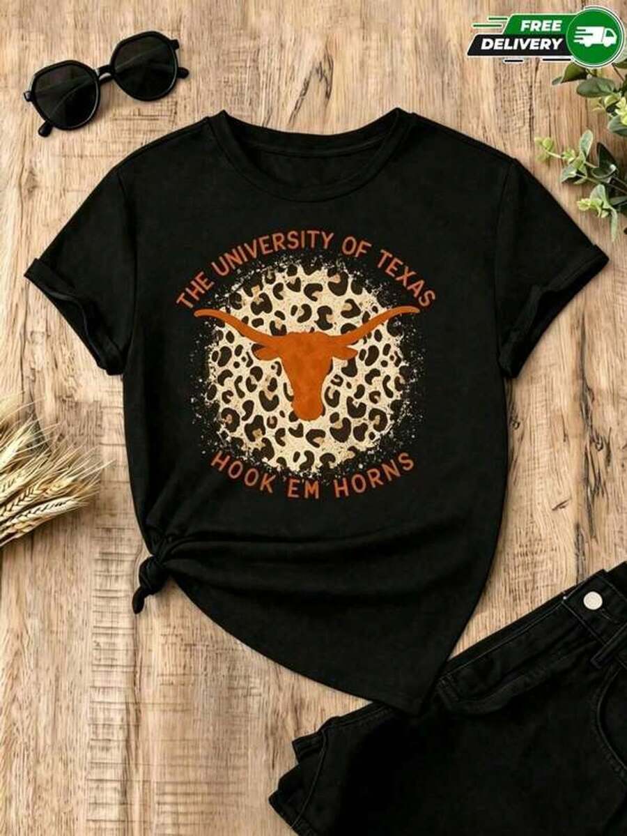 Camiseta para mujer de poliéster en color negro con estampado de toro de Texas y estampado de leopardo – casual y de uso diario, envío nacional en México