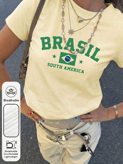 Camiseta Casual de Verão Feminina com Gola Redonda, Manga Curta, Estampa Vintage da Bandeira do Brasil e da América do Sul em Amarelo