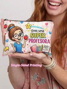 Cartoon Spanish Teacher Makeup Bag - "You Are A Teacher" Appreciation Gift Cosmetic Pouch With Pink Plaid, Multifunctional Large Capacity Travel Storage Bag, Gift For Teachers, Token Of Gratitude, Holiday Present - Beige - View 21