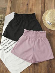 2pcs Girls Ruffled Elastic Waist Shorts, Children Casual Flowy Summer Shorts, Machine Washable - Pink - View 2