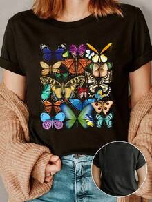 Camiseta Semi-Transparente con Estampado de Mariposas Coloridas para Mujer - Top Casual de Manga Corta y Cuello Redondo Ligero, Lavable a Máquina para Verano y Primavera con Diseño Vibrante, Ropa Cómoda para Uso Diario, Camisa Artística, Tela para Todas las Estaciones - Negro - Ver 6