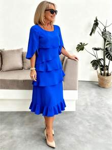 Women's Spring Summer Fashion Tiered Ruffle Crewneck Loose Fit Flowy A-Line Midi Dress Elegant Swing Dress For Daily Beach Vacation Date Night - 藍色 - 查看 3