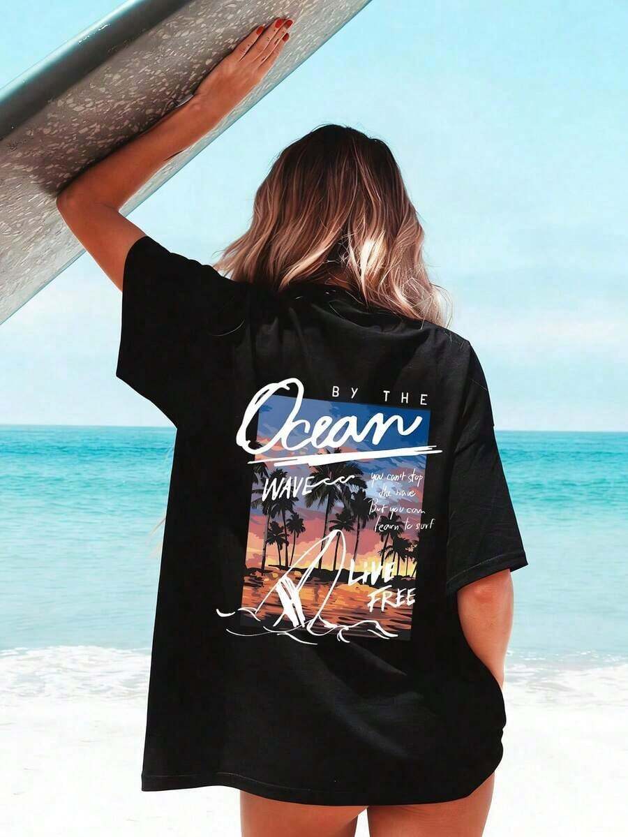Minimalist. 100% Cotton. 1pa Women's T-Shirt With Palm Tree And Ocean Sunset Print, Soft And Loose Fit, Boho Style, Short Sleeve, Suitable For Summer Vacations, Beach Trips, Campfire Parties And Tropical Resorts, Color Black. Spring Summer Top - 黑色 - 查看 1