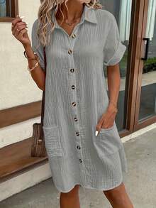 Vestido Camisero Casual de Color Sólido Moda 2026, Mini Vestido Elegante con Cuello de Solapa y Botones para Mujer, Ropa Cómoda de Verano Diario - Gris - Ver 4