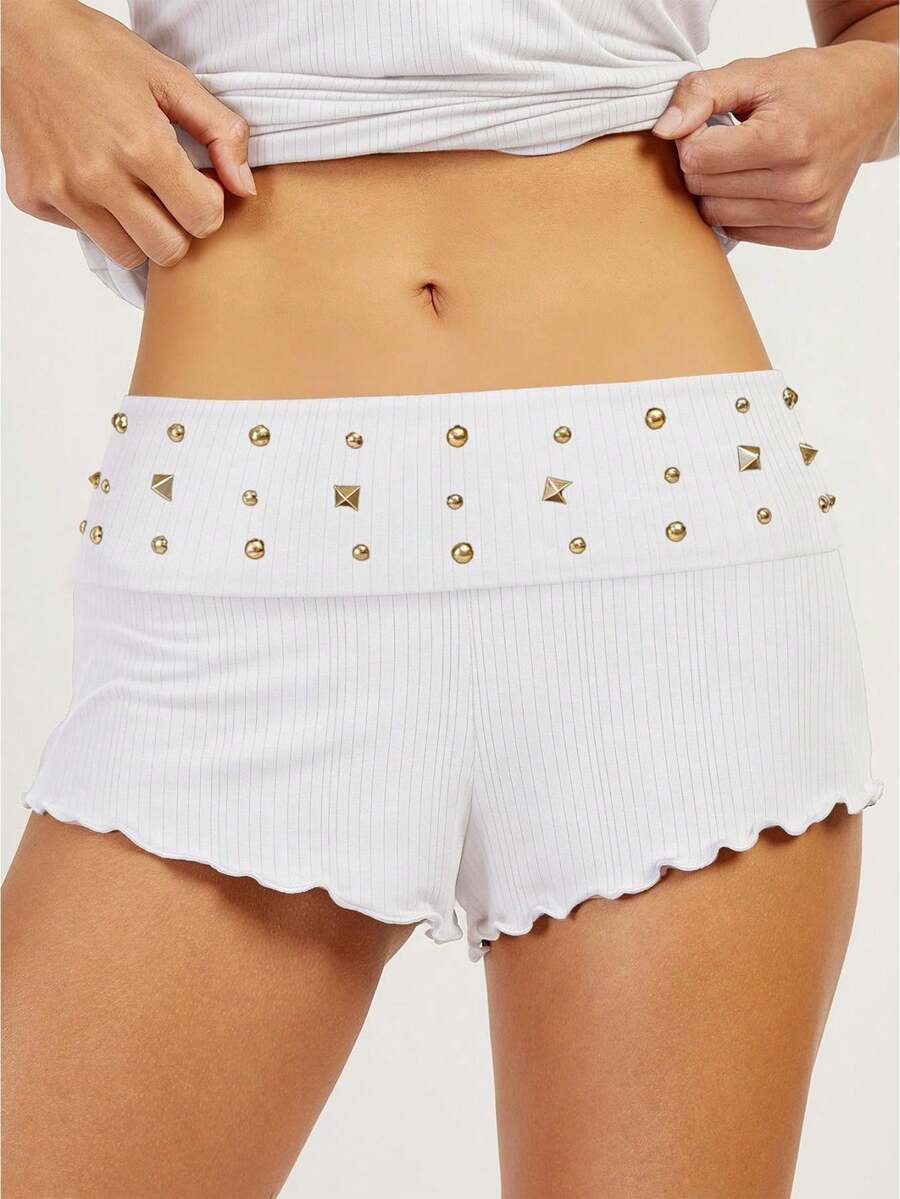 Women Ribbed Foldover Lounge Shorts Low Rise Fold Over Sleep Shorts Wide Waist Sexy Booty Pajama Bottoms - White - View 1