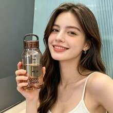 1pc Brown Transparent Scale Water Bottle, Plastic Drinking Cup With Handle Lid, Portable Leak-Proof Water Bottle, Suitable For Back To School, Fitness And Outdoor Activities - Multicolor - View 3
