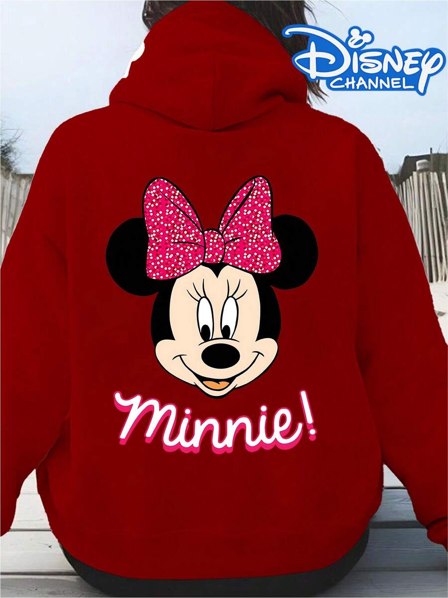 Disney Pink Sparkly Bow Minnie Mouse Print Simple Letter Hoodie, Women's Hoodie, Men's Hoodie,Fathers Day Gift,Fourth Of July,Disney Collaboration - 紅色 - 查看 1