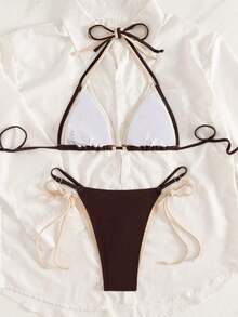 Conjunto de bikini de 2 piezas de 2026 Sunshine Girl Series con influencer, triángulo con taza, halter elegante en tonos contrastantes, ajustable con tiras a los lados, cintura alta, ajuste ceñido para playa, vacaciones, en yate, en la piscina - Marrón - Ver 4