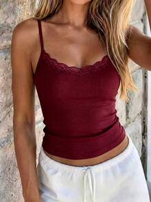 GAOVOT Women's Lace Patchwork Camisole, Sexy Fitted Y2K Style, Spring/Summer Casual - Burgundy - View 3