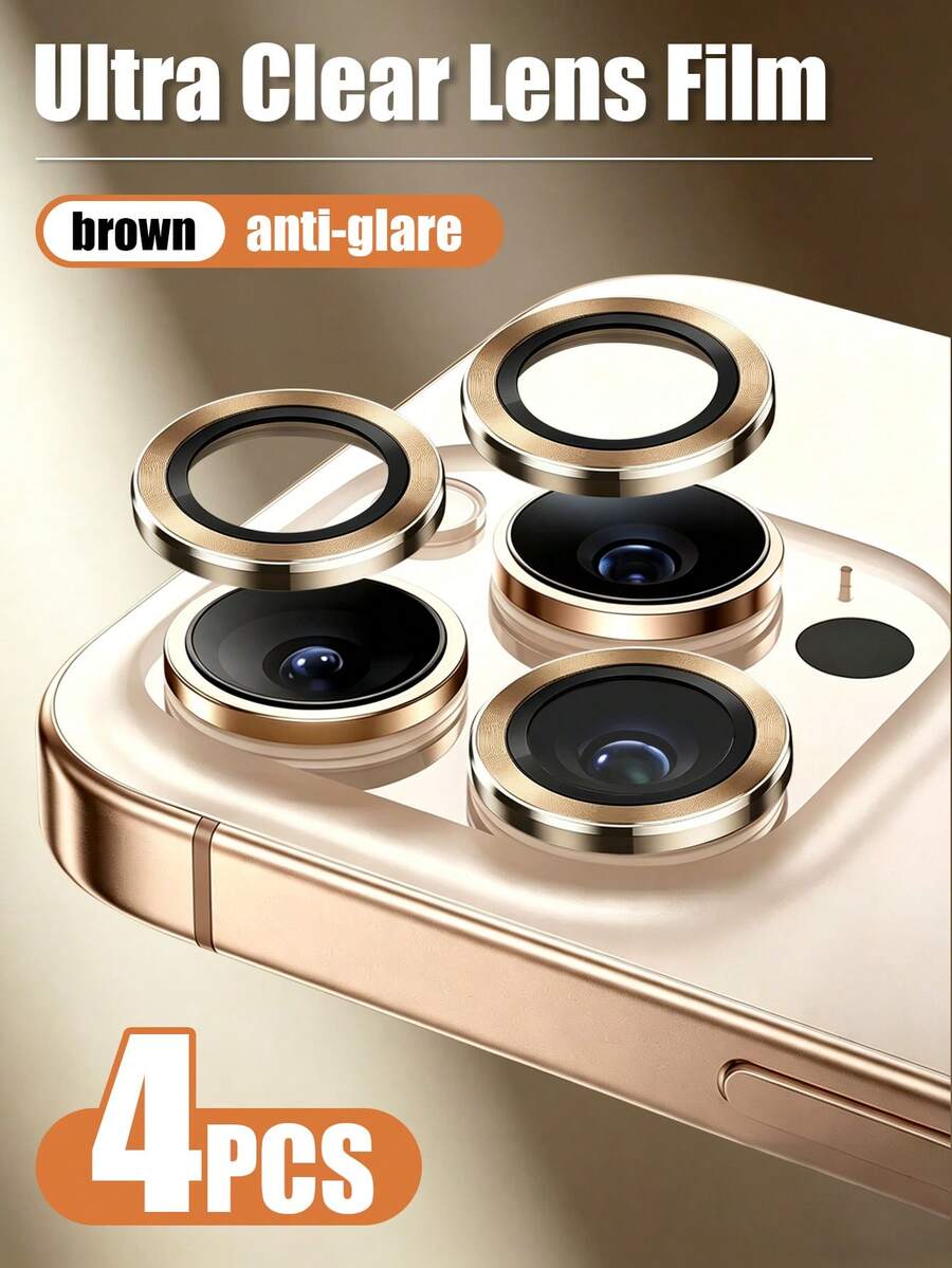 XINHONGYU 4片超清鋼化玻璃相機鏡頭保護貼,適用於 iPhone 17 Pro Max,9H 鋼化玻璃金屬環蓋,高解析透明,適用於 iPhone 16 Pro Max、16e、17 Air、14、13、12、11、15 Pro、14 Pro,完美貼合,防刮耐磨,相容手機殼 - 棕色 - 查看 1