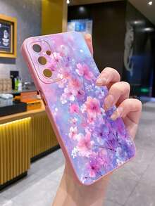 1pc Purple & Pink Flower Pattern Shockproof Phone Case, UV Printed For Samsung/Galaxy/ Android Models - Pink - View 4