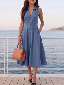 elegante francés de primavera/verano para mujer, moda minimalista, estilo retro, ropa de oficina profesional, vestido ajustado de línea A con escote en V sin mangas, vestido retro marrón de una sola hilera cómodo, con bolsillo lateral y cremallera oculta, vestido midi de verano - Marrón - Ver 6