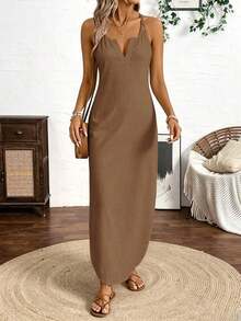 Vestido largo de tirantes de mujer con rayas verticales multicolor - Gris - Ver 10