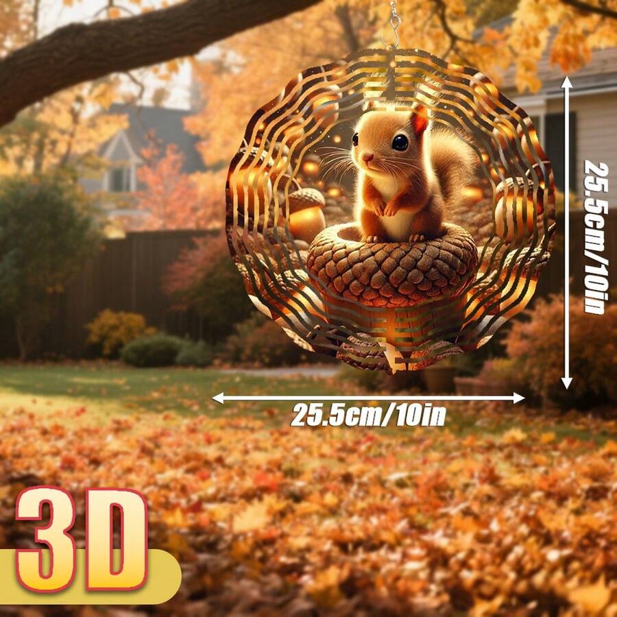 3D立体风铃，编号2876，可爱松鼠依偎在橡果中，周围环绕着发光灯光，尺寸25.5厘米/10英寸*25.5厘米/10英寸，带旋转挂钩，360° DIY创意风铃套装